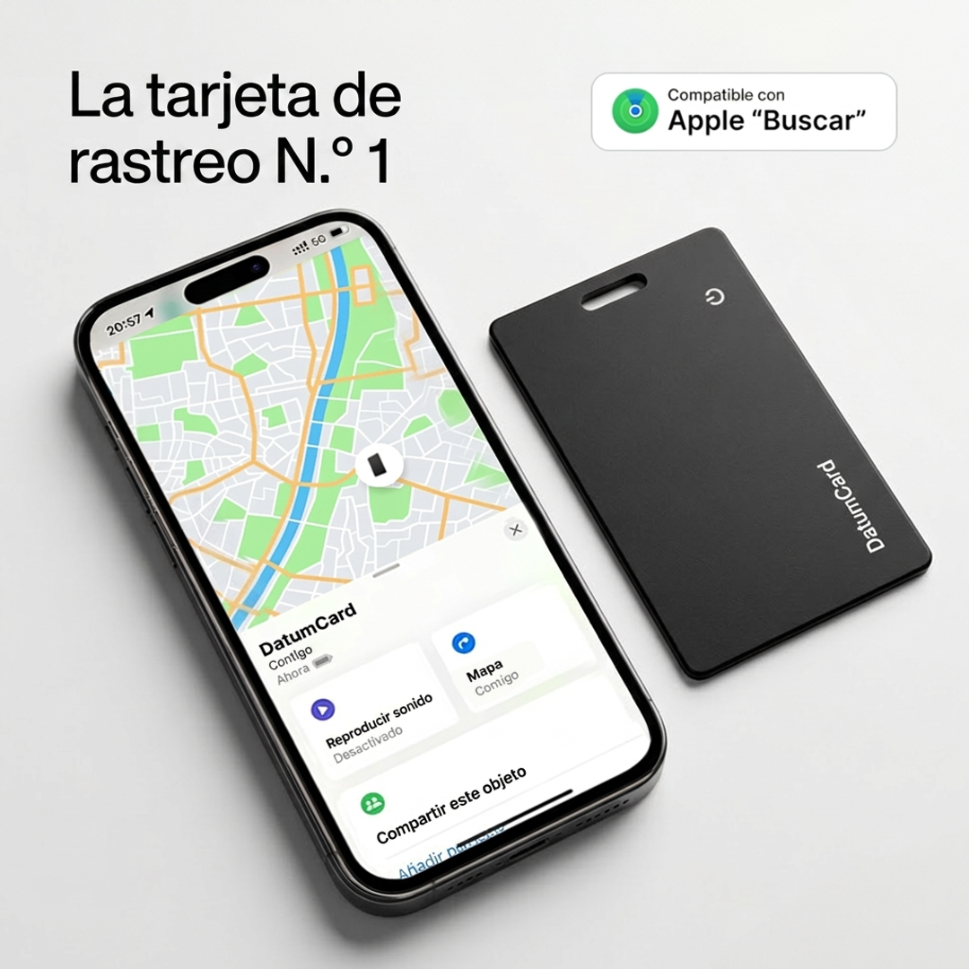 Tarjeta rastreadora DatumCard junto a un iPhone mostrando su ubicación en Buscar de Apple