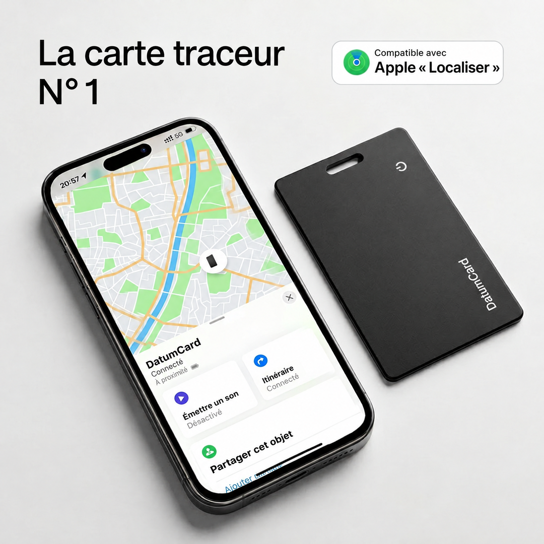Carte traceur DatumCard à côté d’un iPhone affichant sa position dans Localiser d’Apple