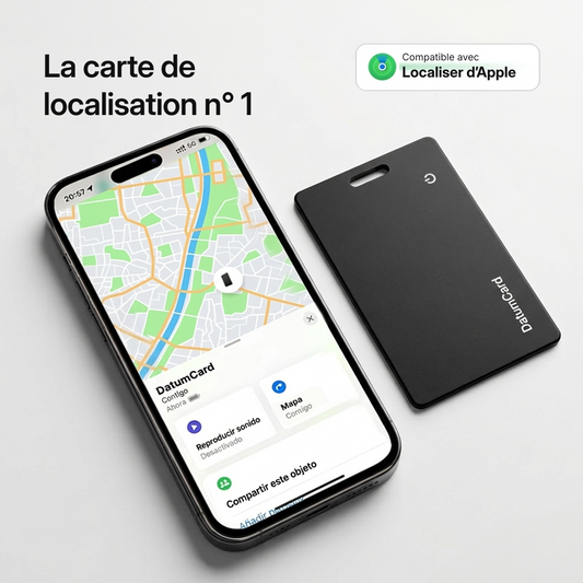 Datum Card à côté d'un iPhone affichant la position sur la carte