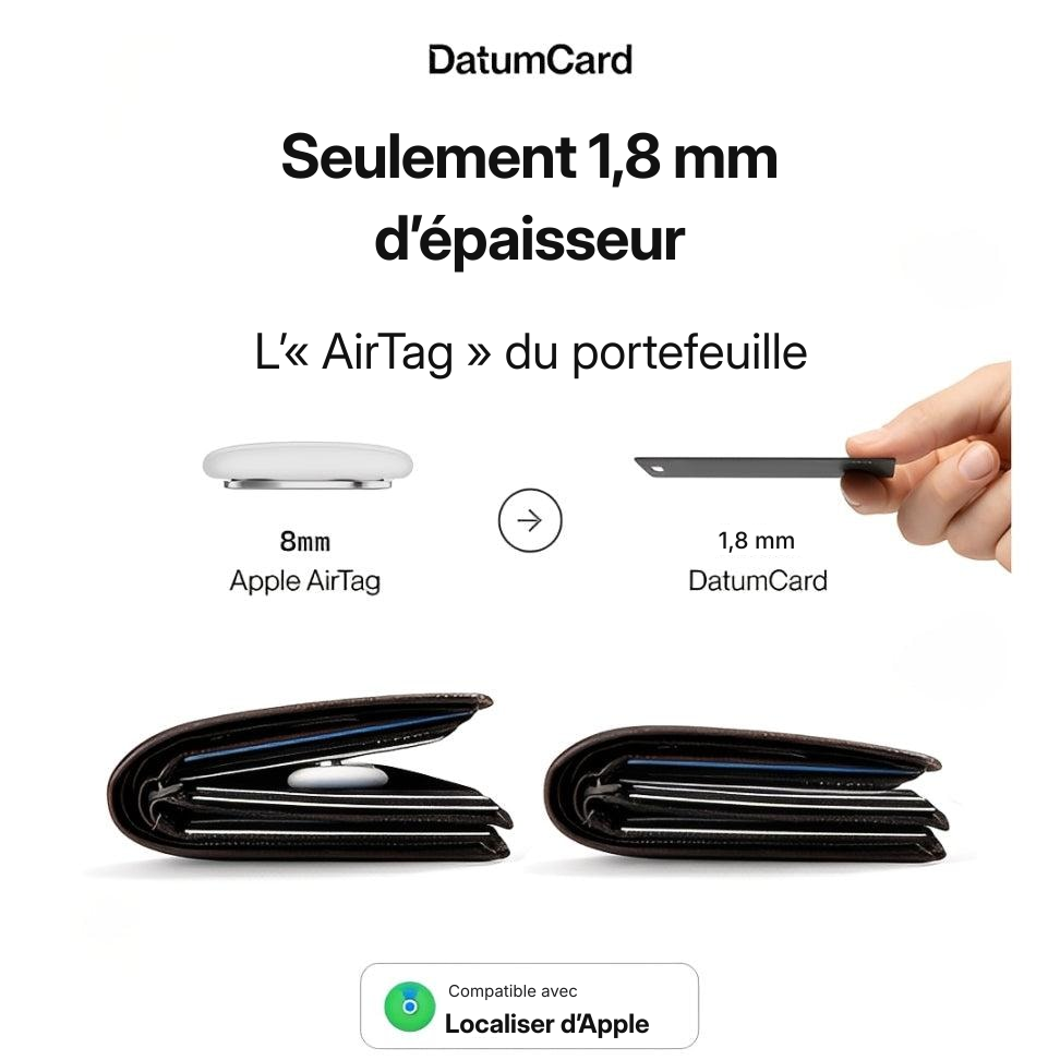Comparaison d'épaisseur : Apple AirTag 8 mm contre Datum Card 1,8 mm dans le portefeuille