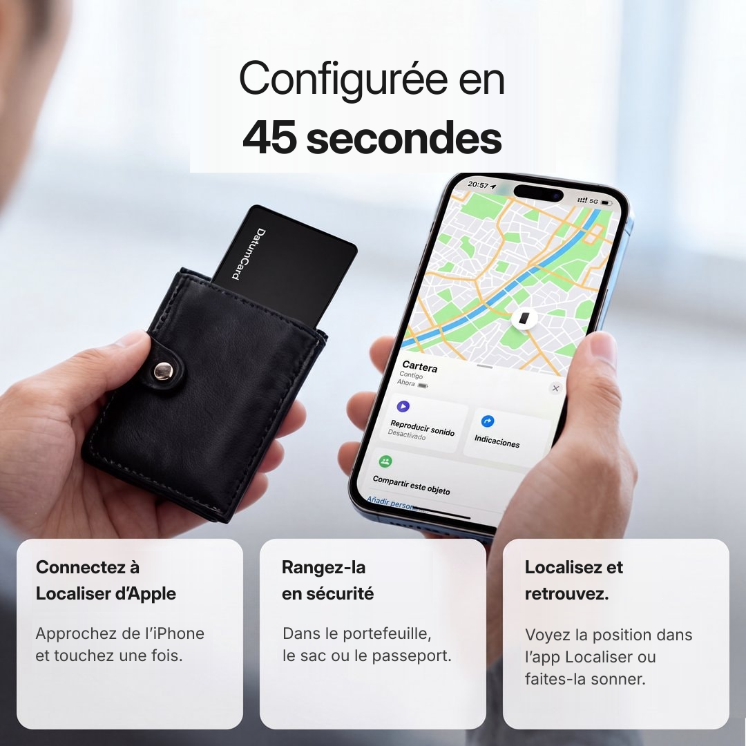Configurer la Datum Card en trois étapes : approcher de l'iPhone, ranger, localiser