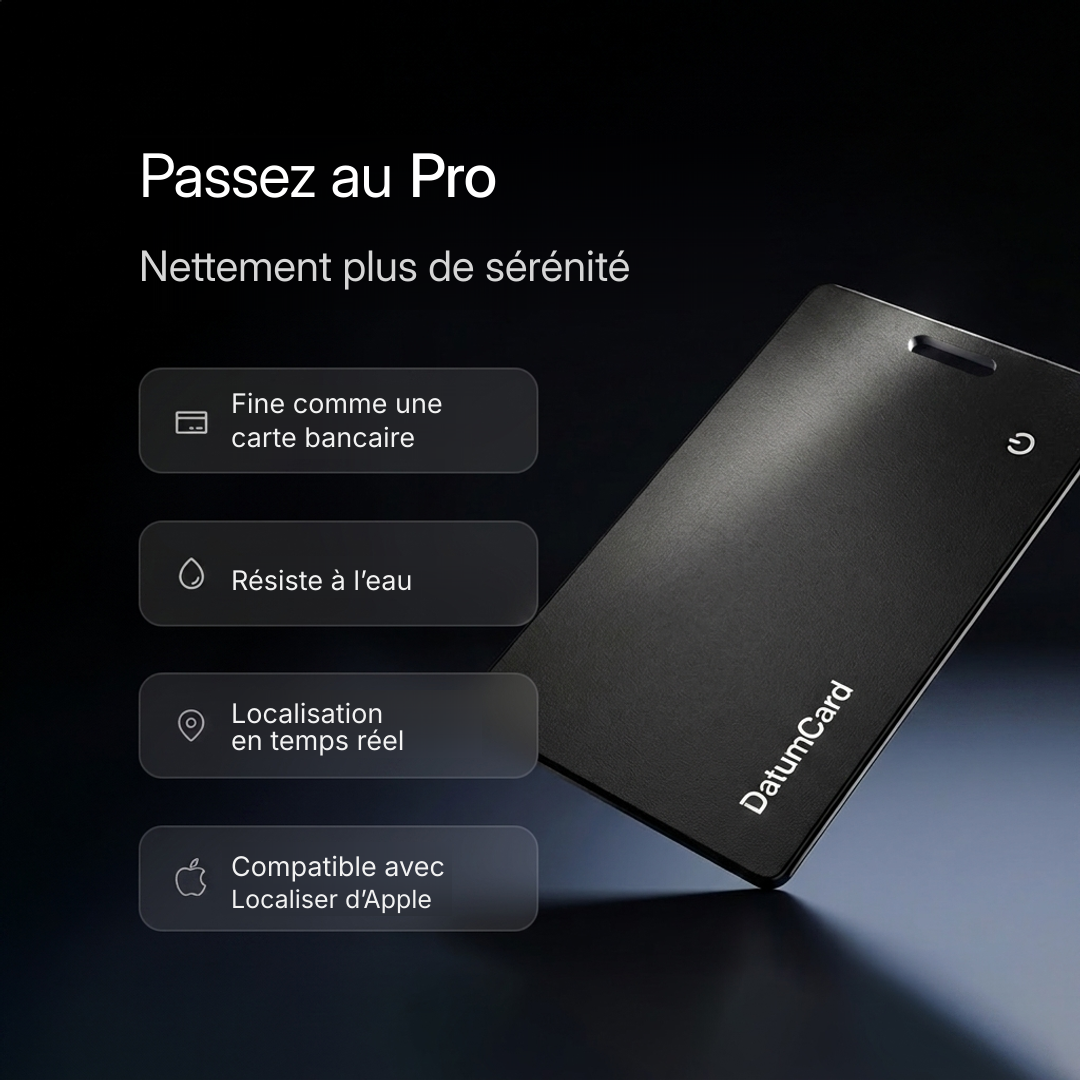 Datum Card noire avec ses atouts : fine, résistante à l'eau et localisable