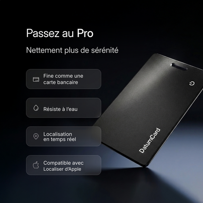 Datum Card noire avec ses atouts : fine, résistante à l'eau et localisable