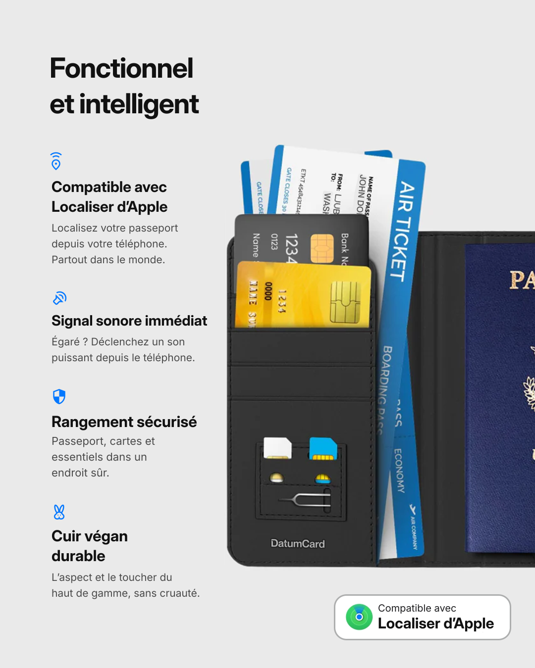 Étui passeport Datum ouvert avec cartes, carte d'embarquement et passeport
