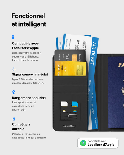 Étui passeport Datum ouvert avec cartes, carte d'embarquement et passeport