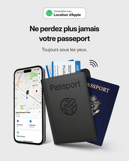 iPhone localisant l'étui passeport Datum à côté de deux passeports