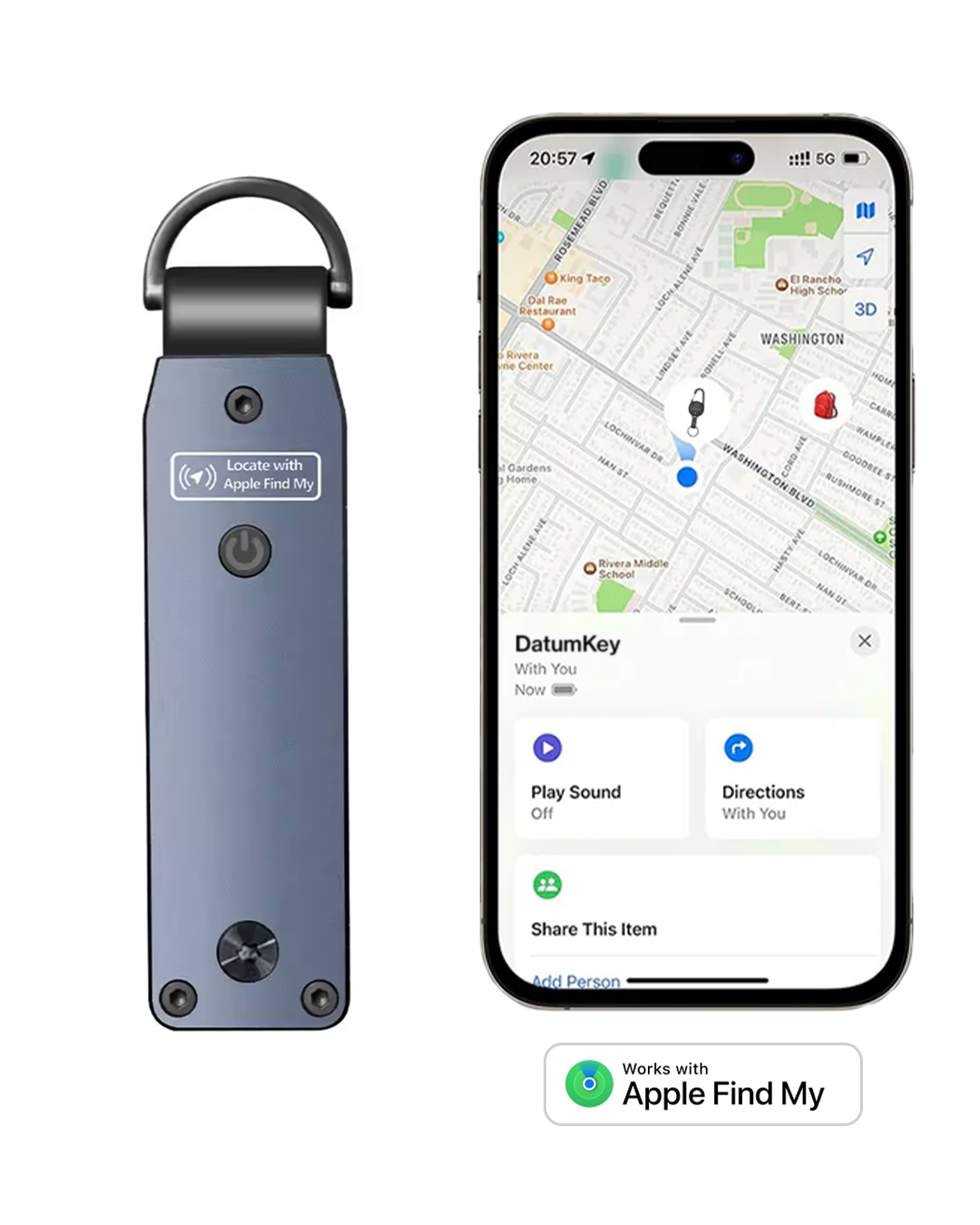 Organiseur de clés Datum bleu à côté d'un iPhone affichant la carte de localisation