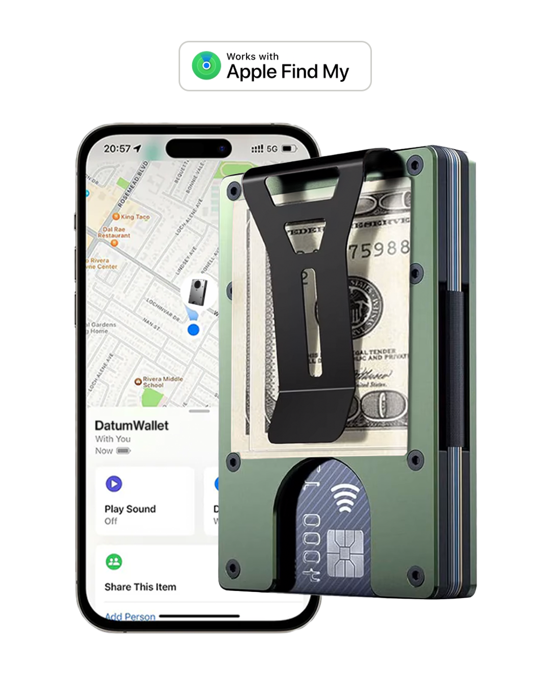 Portefeuille Datum vert à côté d'un iPhone affichant la carte de localisation