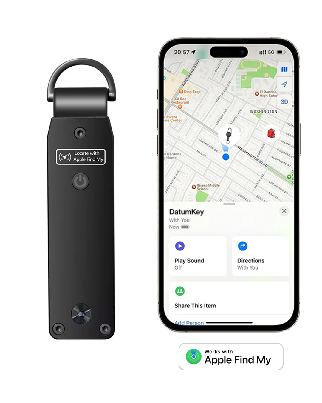 Organiseur de clés Datum noir à côté d'un iPhone affichant la carte de localisation
