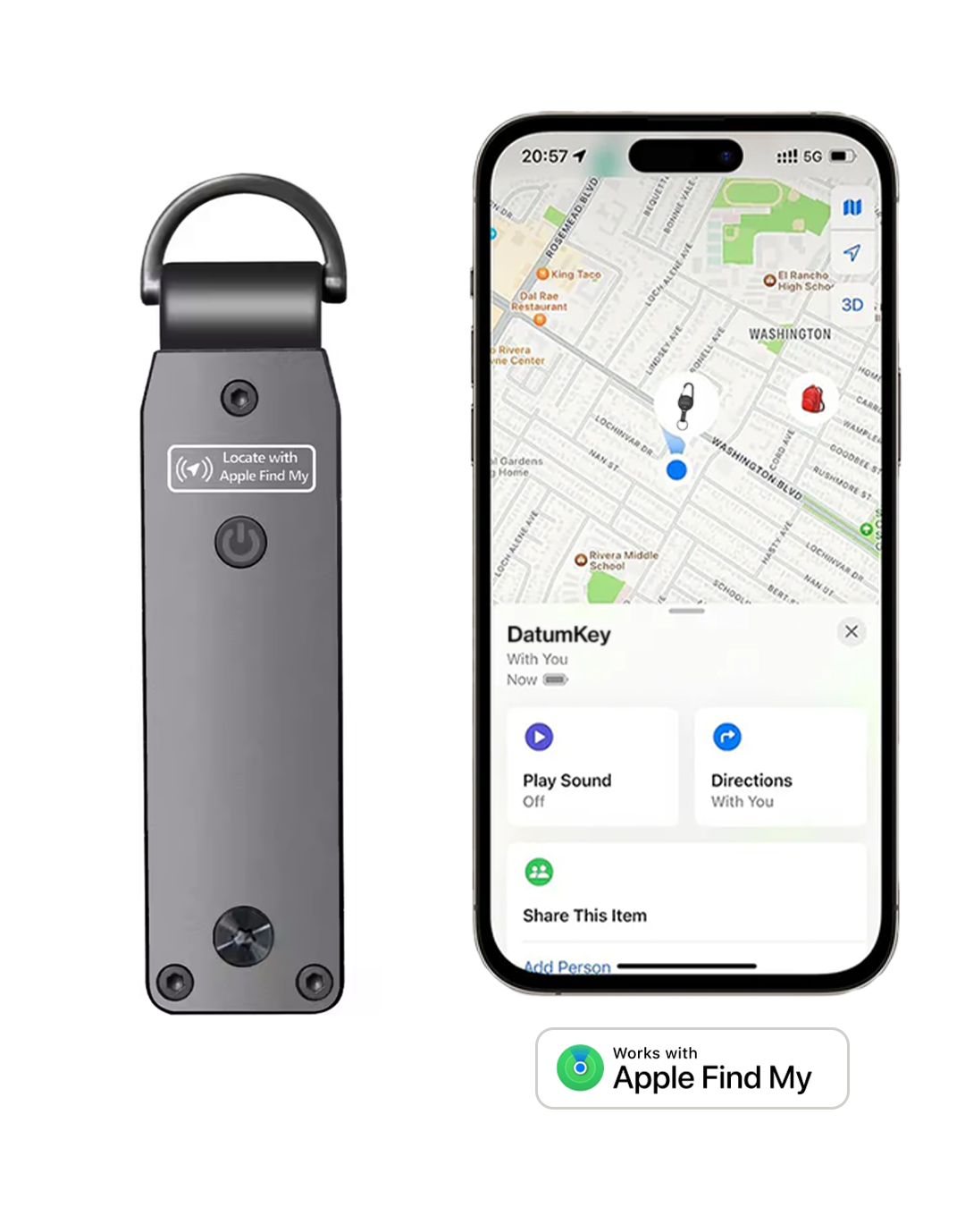 Organiseur de clés Datum gris à côté d'un iPhone affichant la carte de localisation