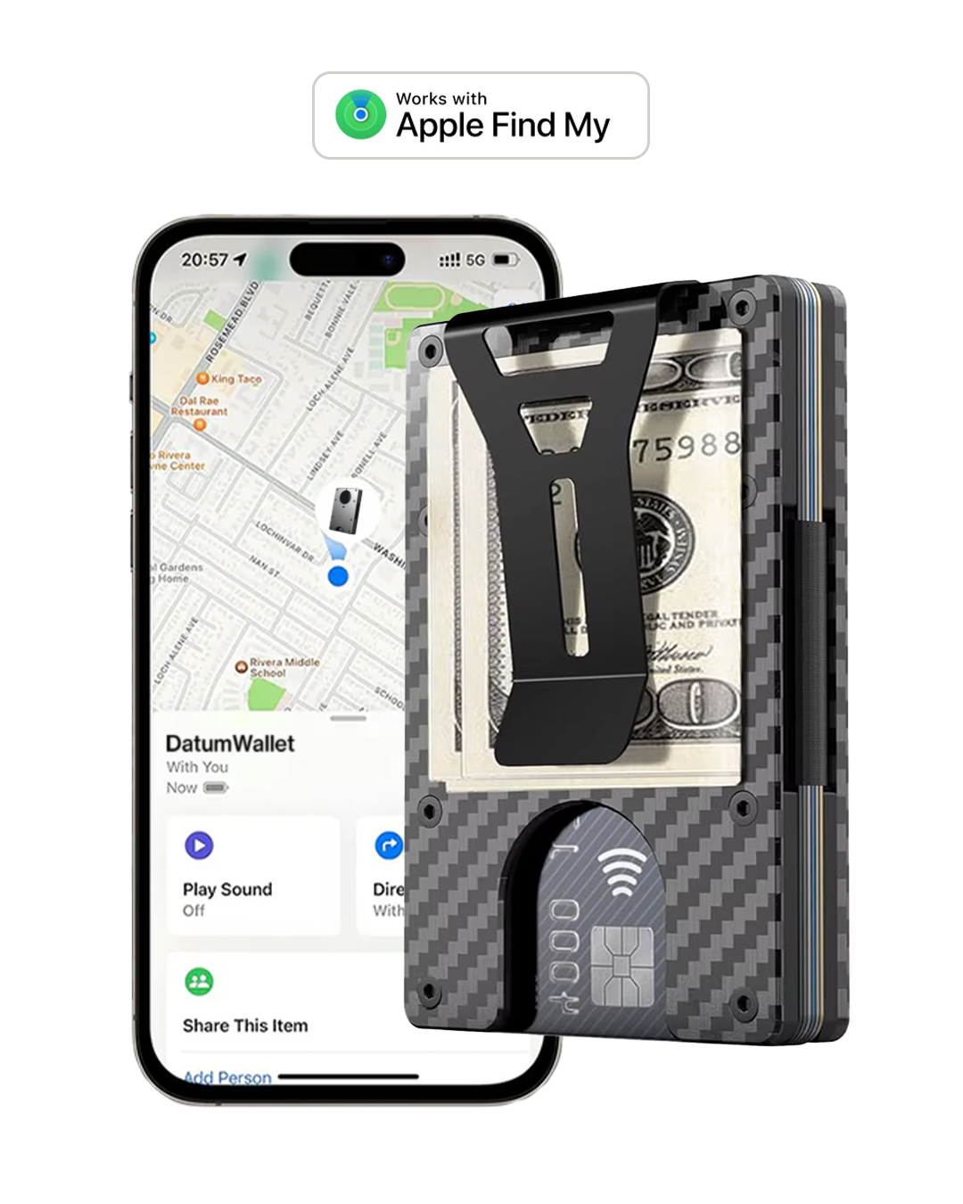 Portefeuille Datum gris à côté d'un iPhone affichant la carte de localisation