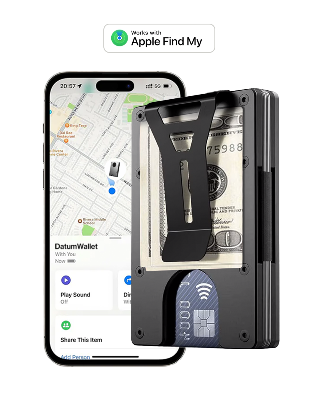 Portefeuille Datum noir à côté d'un iPhone affichant la carte de localisation