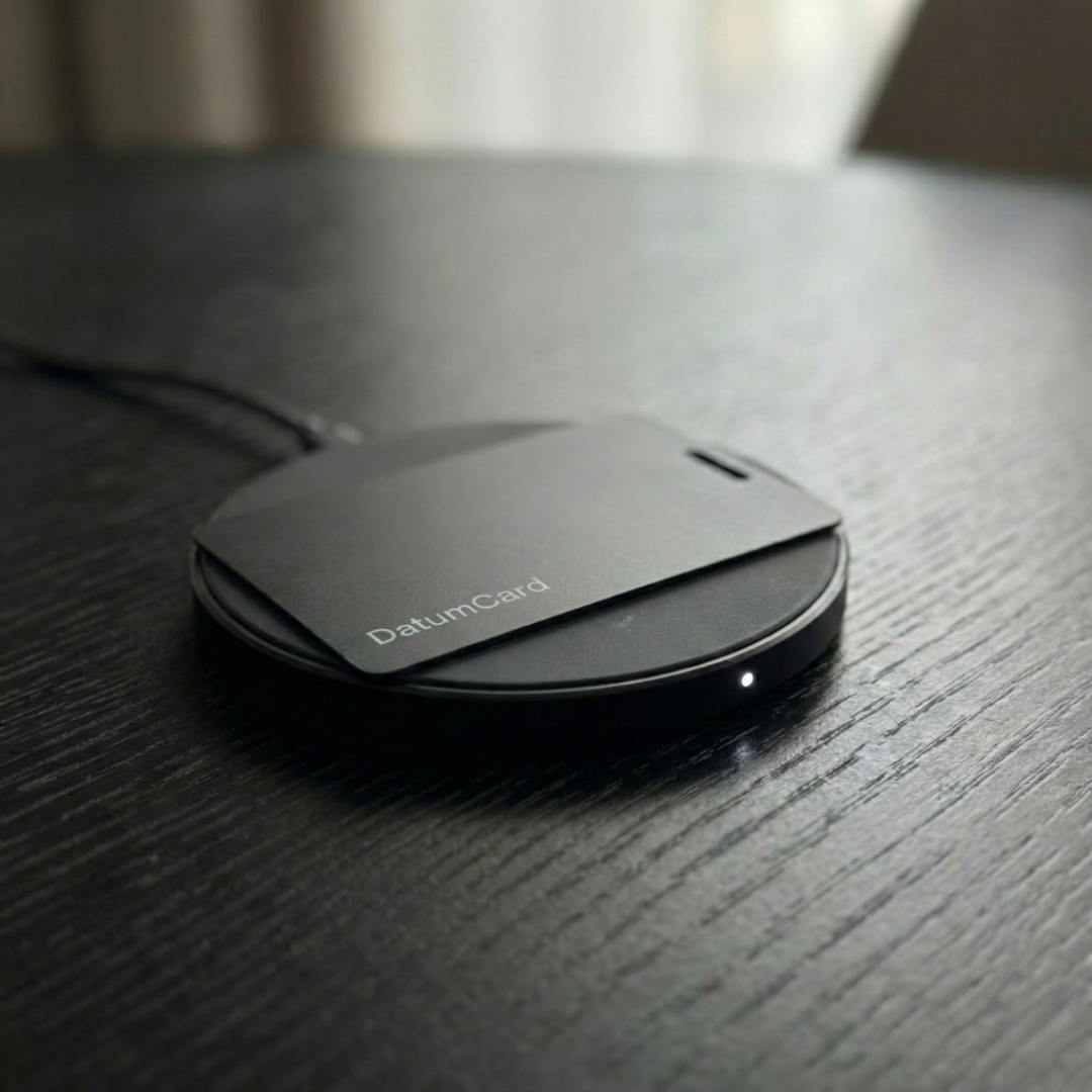 Chargeur sans fil pour la Datum Card sur une table en bois